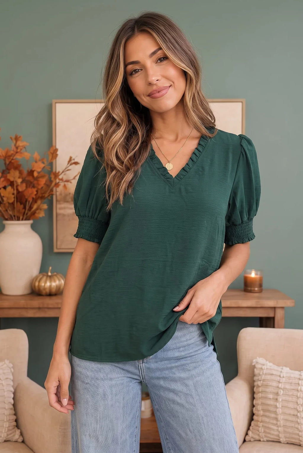 Hunter Green Ruffle Neck Puff Sleeve Blouse