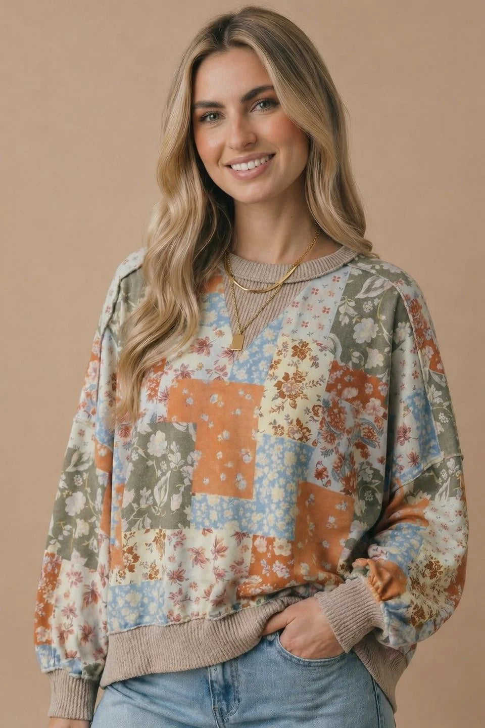 *PREORDER* Floral Patchwork Print Pullover Sweatshirt