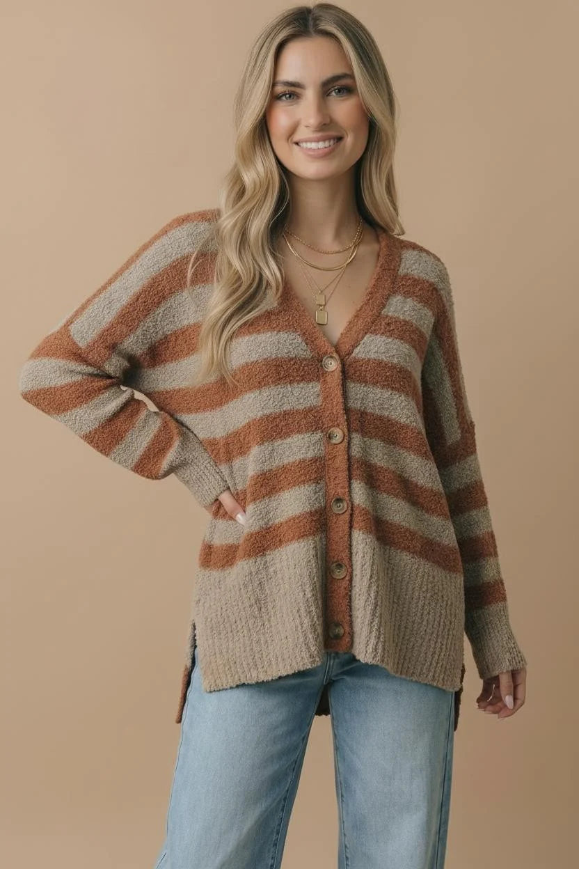 *PREORDER* Striped Boucle Button Front Cardigan Sweater