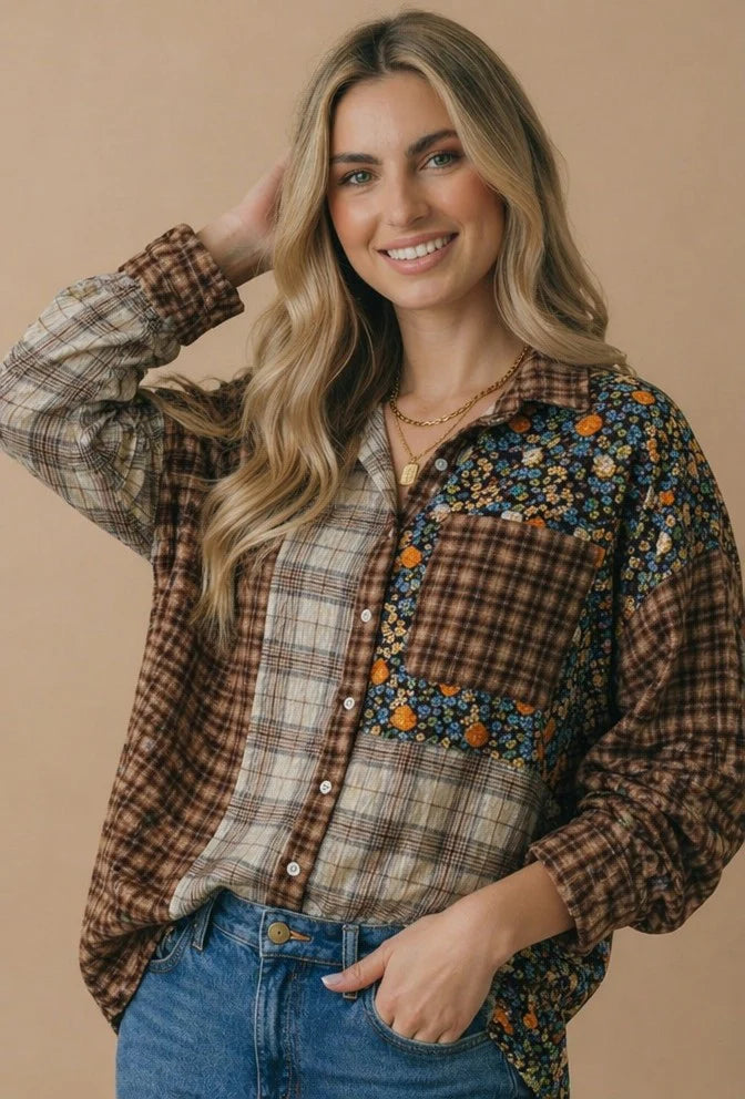 *PREORDER* Mixed Print Plaid Button Down Shirt