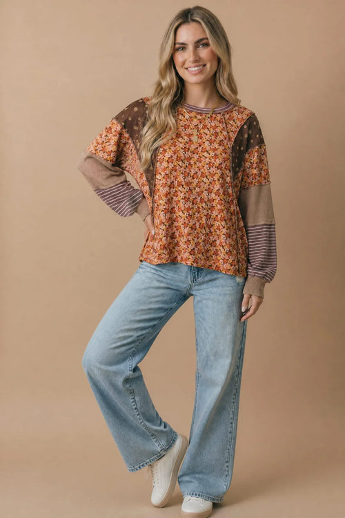 *PREORDER* Fall Foliage Patchwork Long Sleeve Top