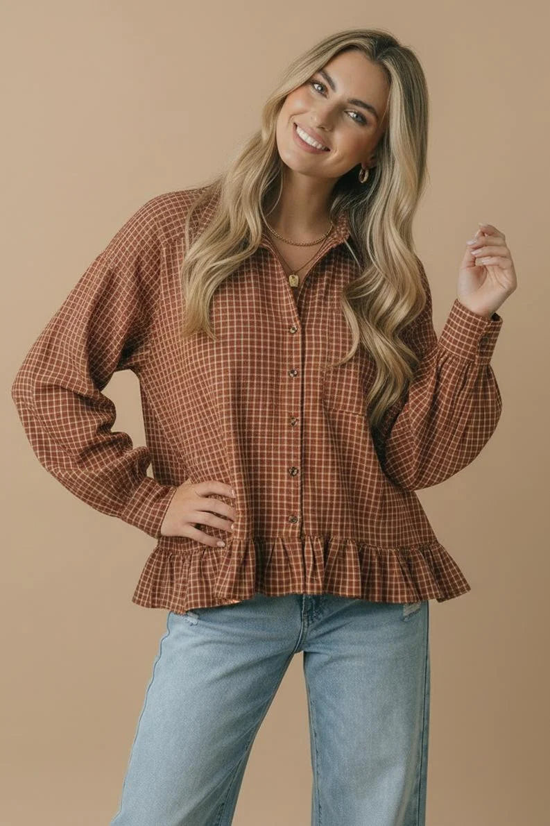 *PREORDER* Rust Plaid Ruffle Hem Button Down Top