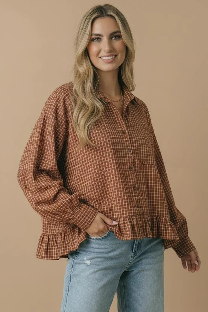 *PREORDER* Rust Plaid Ruffle Hem Button Down Top