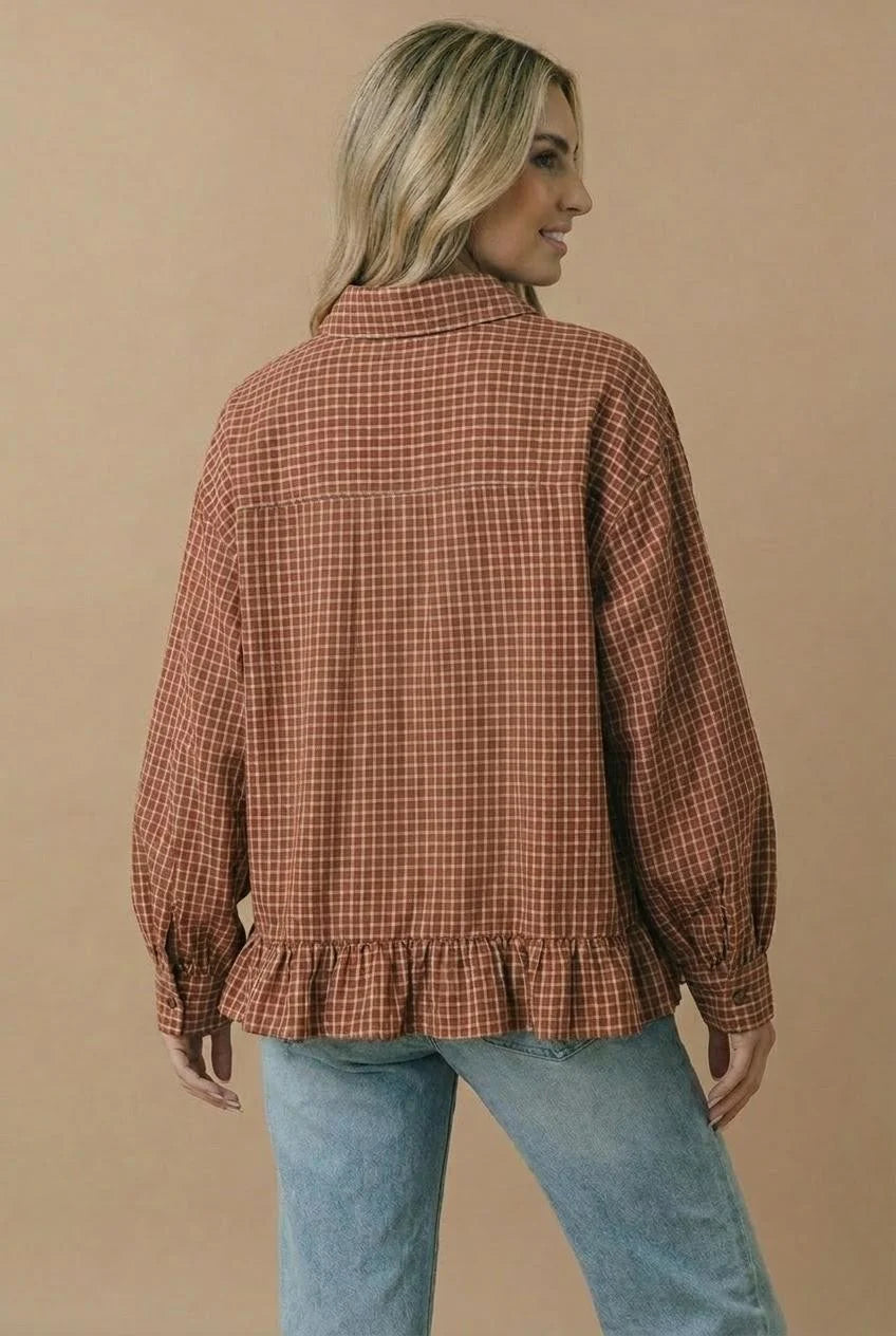 *PREORDER* Rust Plaid Ruffle Hem Button Down Top