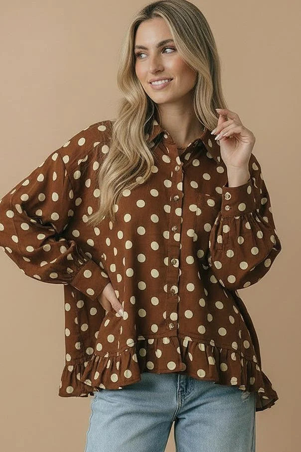 *PREORDER* Brown Polka Dot Ruffle Hem Button Down Top