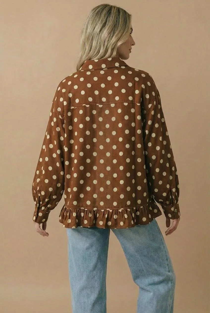 *PREORDER* Brown Polka Dot Ruffle Hem Button Down Top