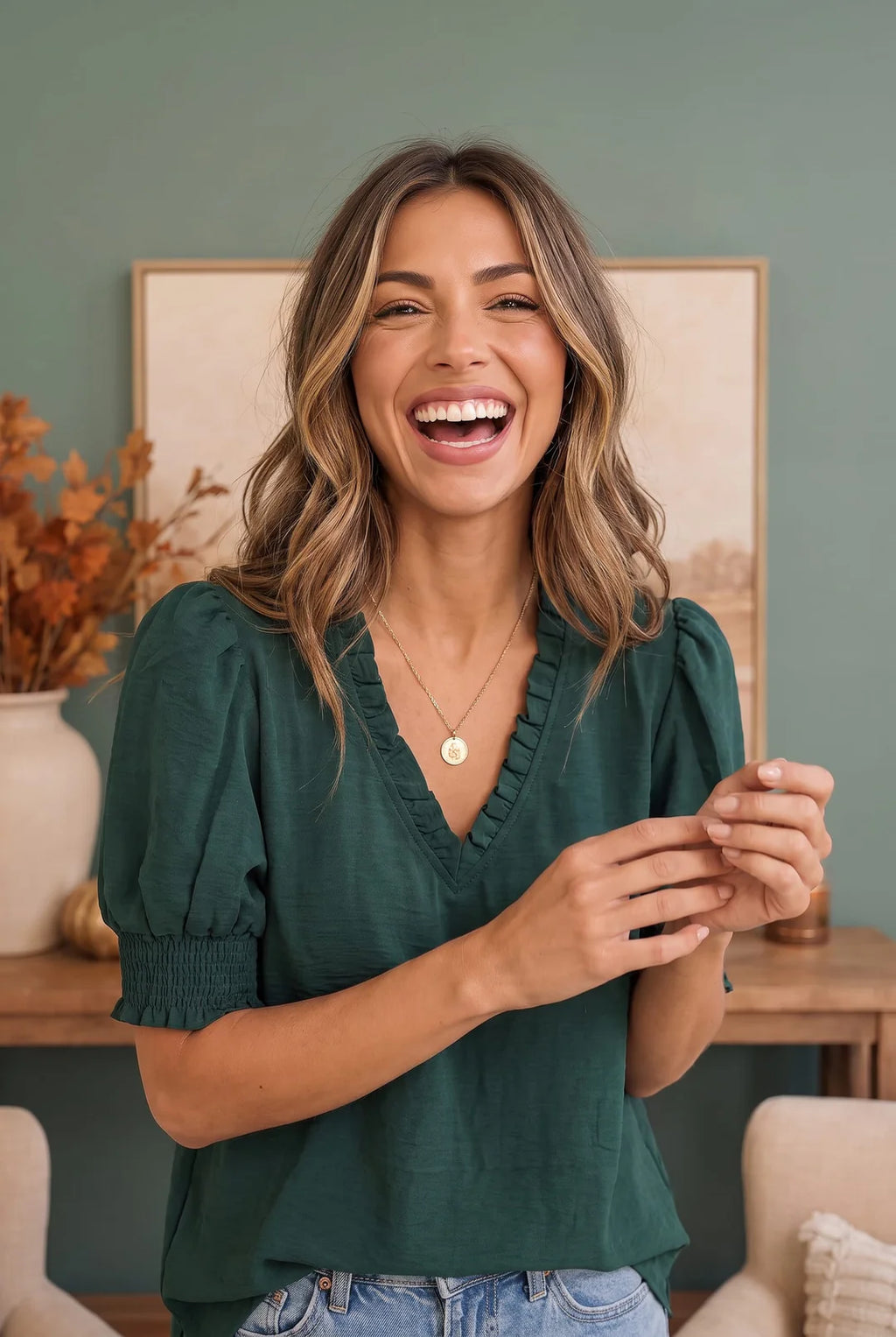 Hunter Green Ruffle Neck Puff Sleeve Blouse