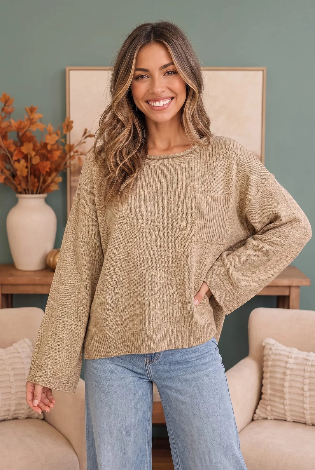 Oversized Cropped Knit Sweater with Chest Pocket