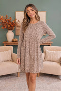 Taupe Dalmatian Print Long Sleeve Babydoll Dress