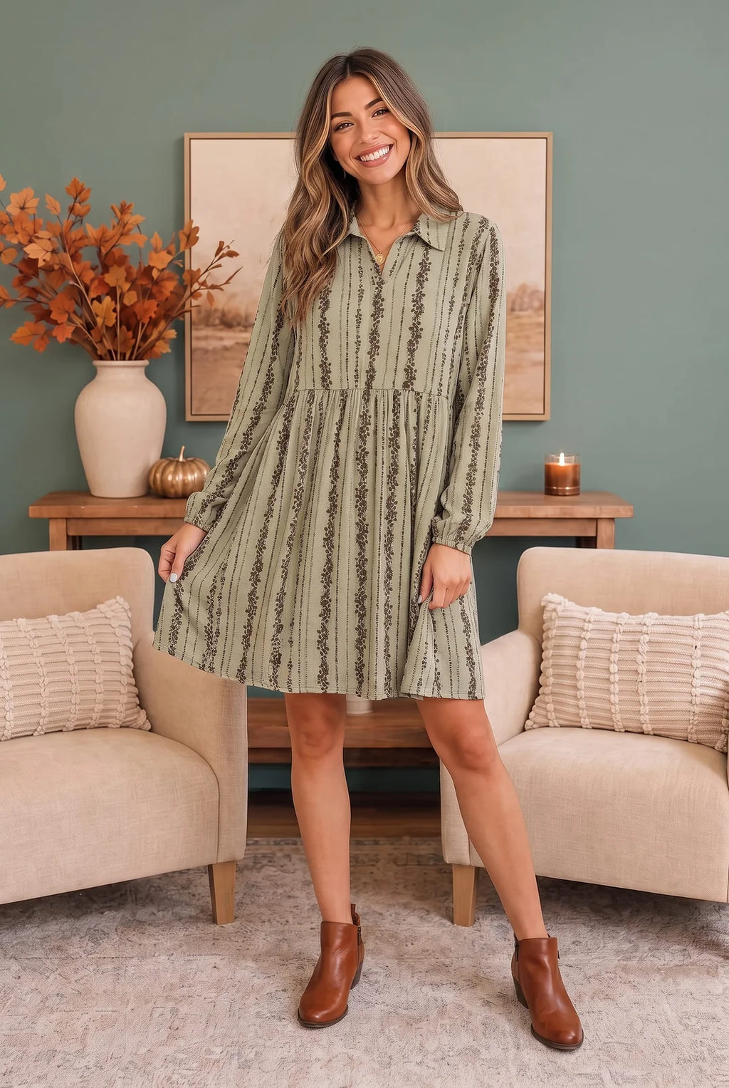 Olive Floral Stripe Long Sleeve Babydoll Dress