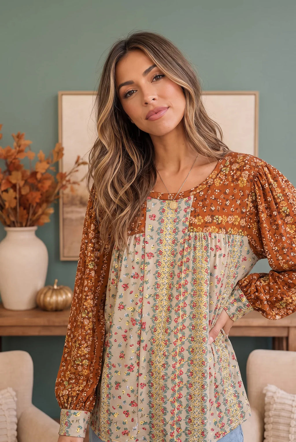 Mixed Floral Print Babydoll Blouse