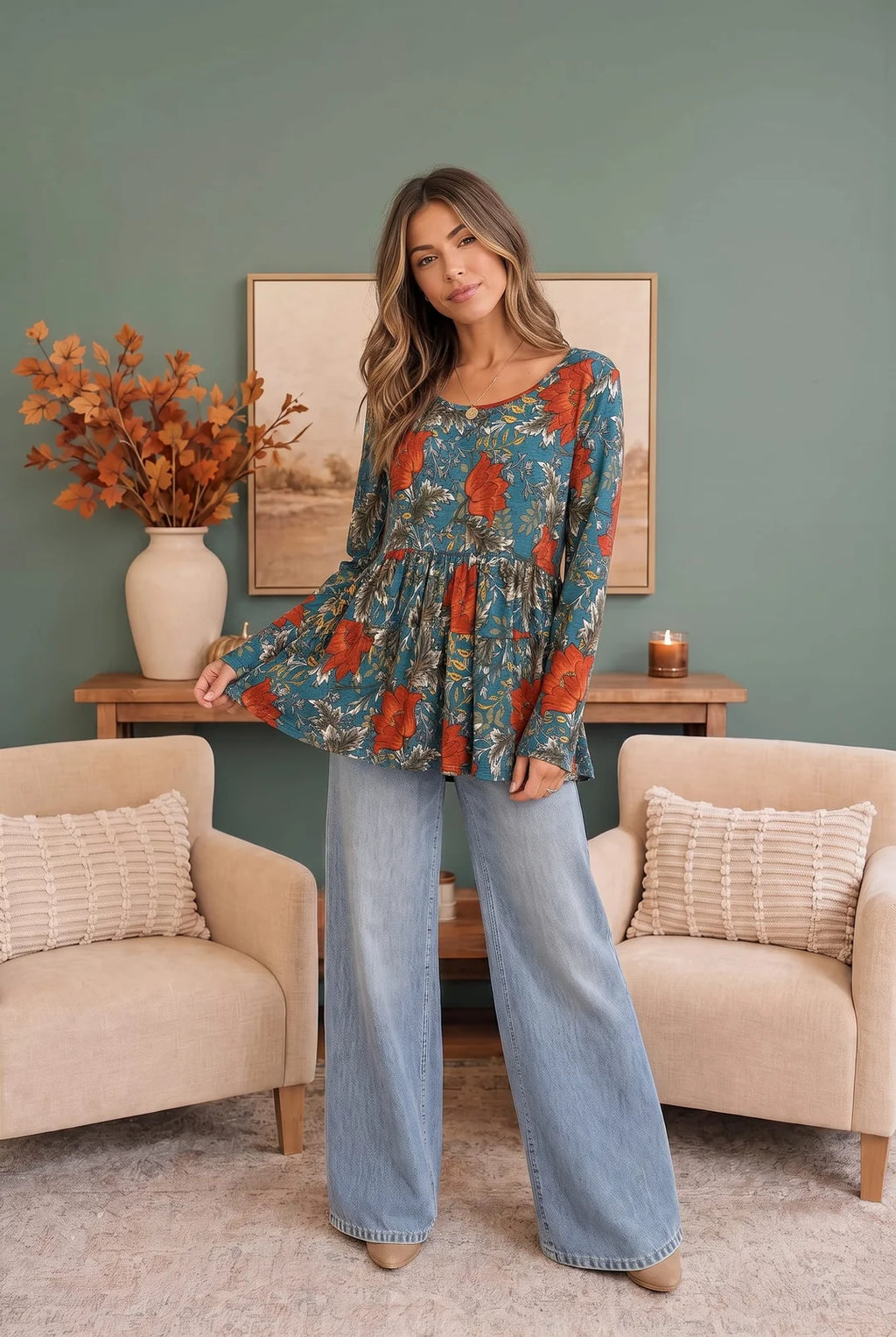 Teal Floral Long Sleeve Babydoll Top